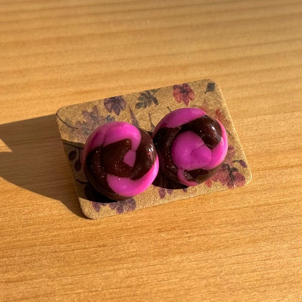 Pink and Brown Swirl polymer clay Earrings